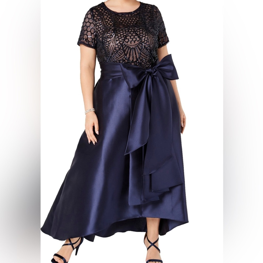 Women’s Formal Dress Plus Size 14W 18W R&M RICHARDS Navy Lace Tie Wait Hi-Lo NEW